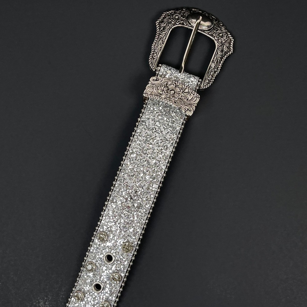 Vintage Rhinestone Western Belt Womens 30/32 Silver Studded Floral Buckle Rodeo - Picture 5 of 10